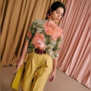 Sézane Fleur Mohair Jumper Green Floral Pullover Sweater Wool Mohair Blend